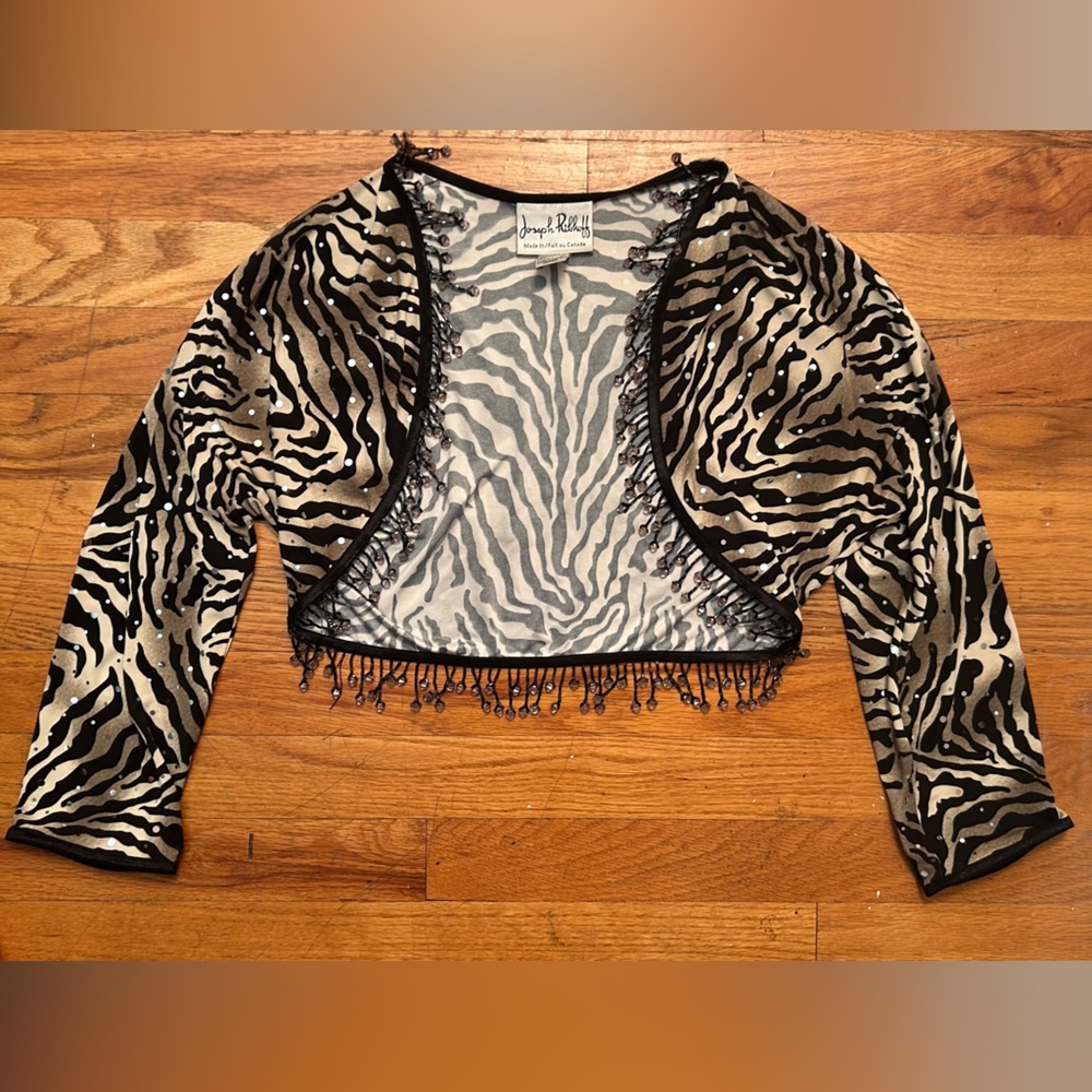 Vtg Joseph Ribkoff Y2K Beaded Bolero Shrug Cropped Cardigan Size 6 Zebra Fringe